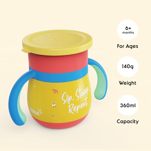 Image of rabitat Sip Around Stainless Steel Sipper 390ml | 2 Years Brand Warranty | Leak Proof | BPA Free | Sippy Cup for Kids with Soft Silicone Rim | Ergonomic Design, Dino Dash