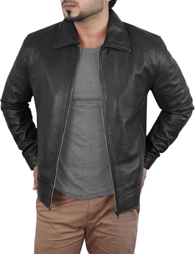 Leather Jacket for Men - Real Lambskin Turndown Collar Black Leather Jacket Men