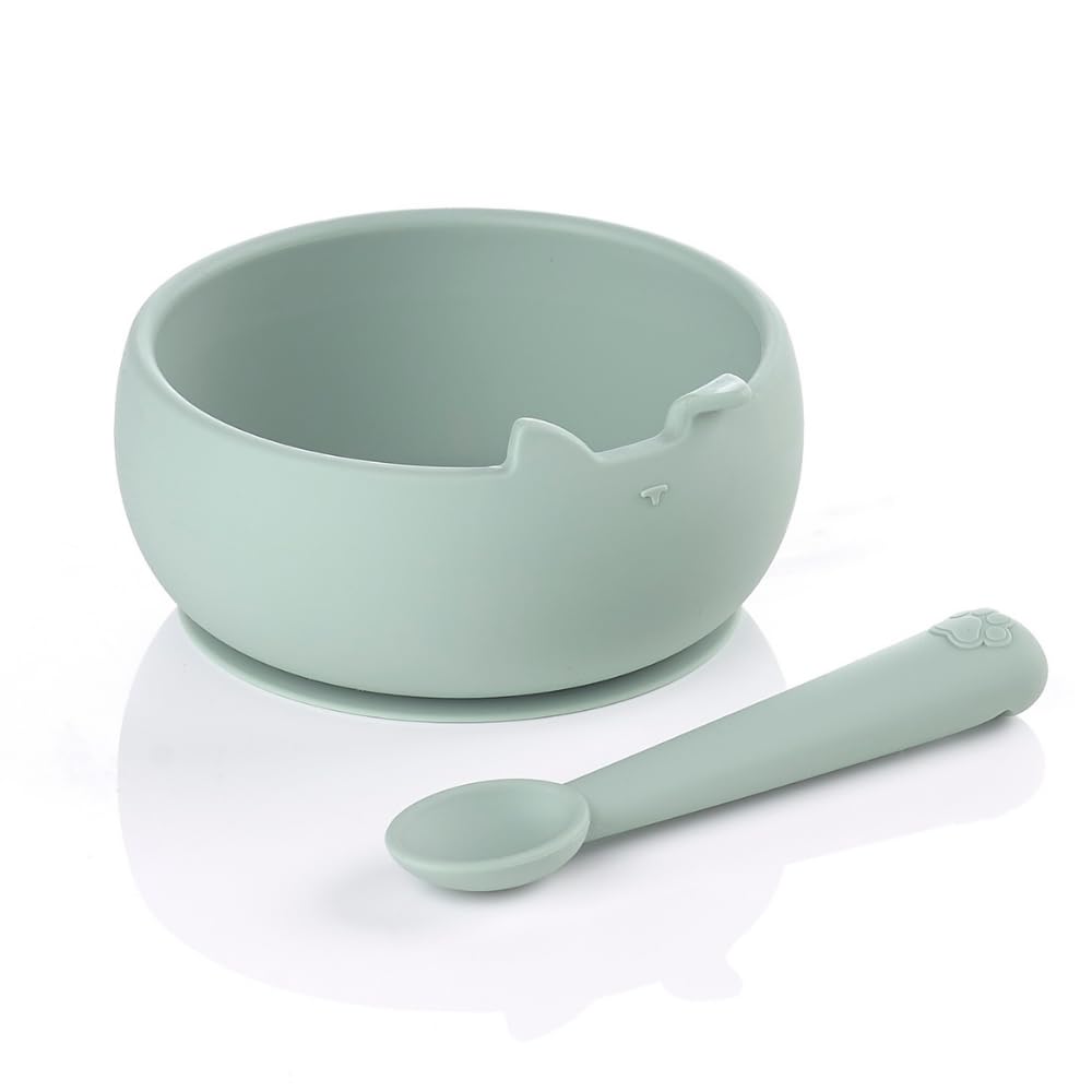 Jané Set Bol y Cuchara de Silicona con Ventosa, Libre BPA, Apto Microondas y Lavavajillas, Vajilla Bebé, Verde