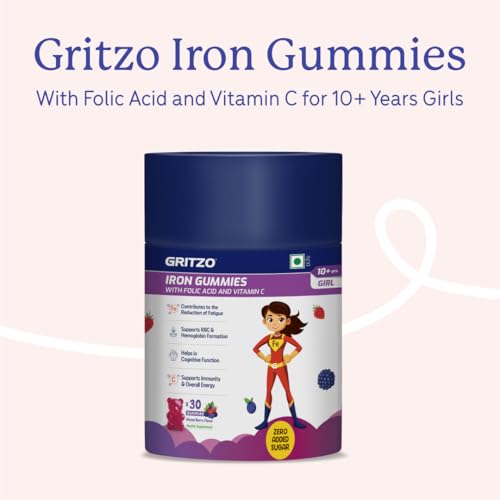 Image of Gritzo Iron Gummies (10+ Girl), Mixed Berry, 30 Gummies | With Folic Acid & Vitamin C | Zero Added Sugar