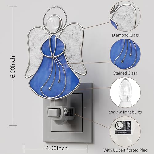 Image of Stained Glass Blue Guardian Angel Night Lights Plug into Wall | Plug in Night Light In Wall Socket Decorative Nightlight for Bedroom Hallway,Mothers Day Gifts for Mom Birthday Christmas