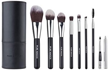 Pure Maggs Makeup Brush Set with Black Faux-leather Sturdy Cylinder Awesome for Travelling - 8 Must Have Powder Blush Foundation Eyeshadow Eyebrow Mascara Lip - Functional Brushes - Blend Like a Pro