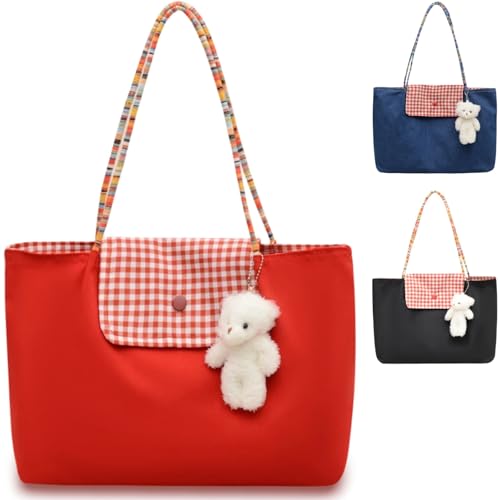 Teclado Kawaii Hobo Bag with Cute Accessory Denim Cotton Casual Shoulder Stachel Bag Travel Daypacks (Red)