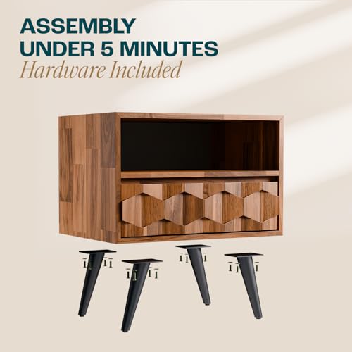Image of Bme Georgina Solid Wood Nightstand with 1 Drawer & Open Shelf- Fully Assembled Mid Century Modern Side Table - Geometric Pattern Bedside Dresser for Bedroom and Living Room, Dark Chocolate