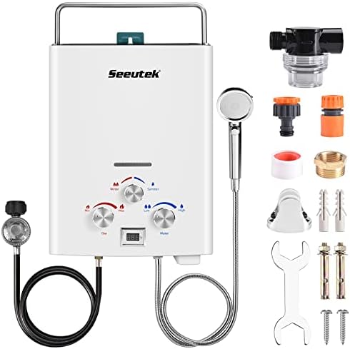 Seeutek Portable Water Heater 1.6GPM/6L, Outdoor Propane Gas Tankless Water Heater, On Demand Water Heater for RV Camping, Instant Hot Water for Shower Overheating Protection White