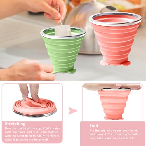 Image of HASTHIP 2 Pack Collapsible Cup For Travel Accessories Small Silicone Foldable Glass Cups With Lids Camping Accessories For Outdoor Reusable Expandable Drinking Cup Travel - Pink&Green ,180 Ml