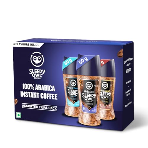 Image of Sleepy Owl Instant Coffee Powder Assorted Trial Pack of 3 Jars, 3 Flavours - Hazelnut, French Vanilla, Original, 100% Arabica Coffee Gift Hamper, Freeze-Dried for Freshness, Ready in Seconds, Have it Hot or Cold, Makes 75 Cups, 50g x 3 Jars Trial Coffee Combo Pack