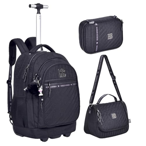 Kit Mochila Rodinha Crinkle Matelassê RB Feminino Menina Carrinho (Preto)