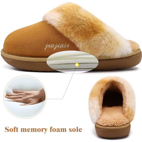 jiajiale Women's Arch Support Memory Foam Slippers Orthotic Plantar Fasciitis Slip On Suede Ladies Scuff Slipper Cozy Fuzzy Shearling Winter House Shoes Indoor Outdoor Tan Size 74