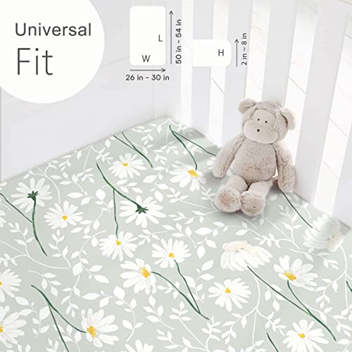 Stretchy Ultra Soft Jersey Knit Fitted Crib Sheets Set 2 Pack, Fit All Standard Crib Mattress Pads, Breathable Crib Sheet For Girls, Watercolor Daisy Flowers #TOP3