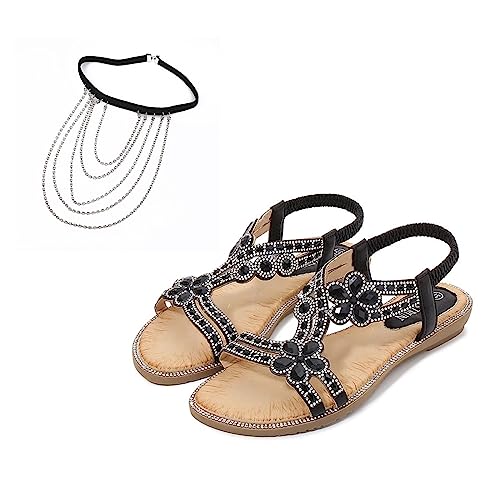 AYGJKIE Women's Flat Sandals Beaded Flower Sparkly Rhinestone Flat Elastic Sandals Bohemian Beaded Strap Sandals Diamante Rhinestone Leather Sandals