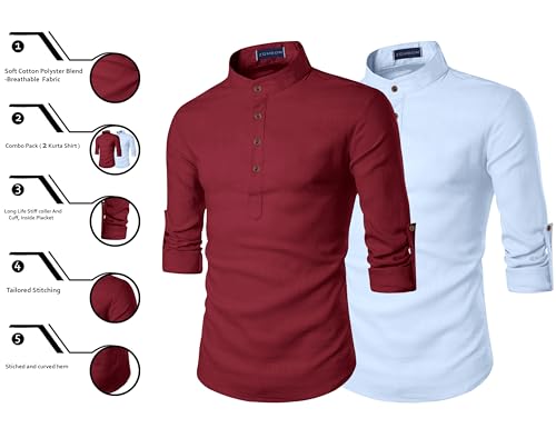 Image of Zombom Men's Combo Cotton Polyester Blend Solid Full Sleeve Straight Regular Fit Mandarin /Chinese Collor Kurta (Pack of 2)