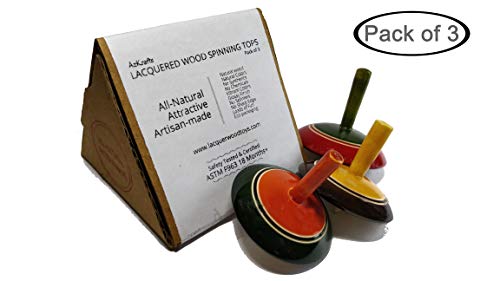 AzKrafts All-Natural Handmade Painted Wood Spinning Tops, Wooden Toys for Kids, Toddler Toys (Pack of 3)