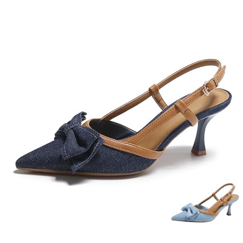 Zeberfi Women's Bow Tie Denim Slingback Pumps Sexy Closed Pointed Toe Slip On Kitten Heels Sandals Summer Wedding Bride Party Dress Stiletto High Heels