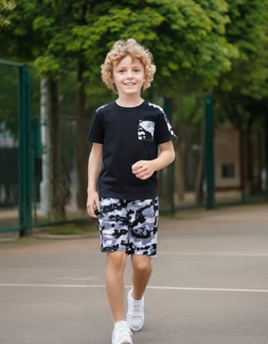 Image of Ayzozuy Boy Clothes Colorblock Top + Drawstring Waist Shorts 2 Pieces Kid Summer Outfits Set