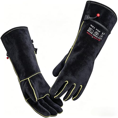 AOUCHI gants de soudage pour barbecue en cuir de vache, coutures Kevlar, gants ignifuges et résistants à la chaleur à manches longues pour barbecue, incendie, cheminée, four, cuisson, cuisinière 35CM