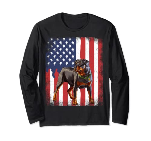 American USA Flag Rottweiler Dog Lover 4th Of July Maglia a Manica