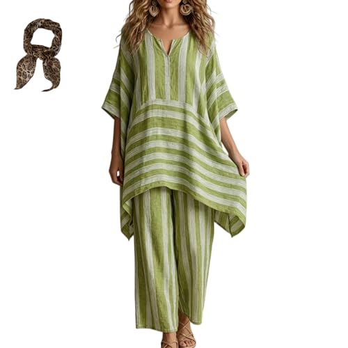 Conjunto de lino a rayas para mujer con camiseta holgada y pantalón de pierna ancha para verano