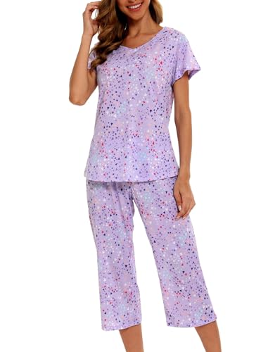 MIA LUCCE Pyjama Femme Été Coton Manche Courte Ensemble Femme Ete avec T - Shirt à Manches Courtes et Capri 2 Pièces, S-XXXL
