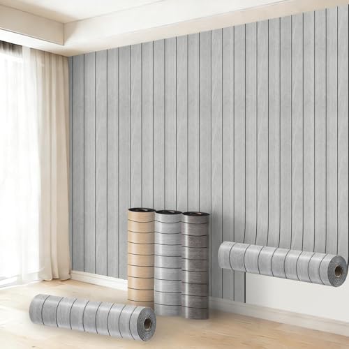 Anttyscar Selbstklebend Tapete Holzoptik Hellgrau Tapete Akustikpaneele Holzwand 3mm Verdicken 3D Effekt Skandi Holzpaneele Natur Optik Modern Holzwand Wasserdicht 40 cm x 300 cm