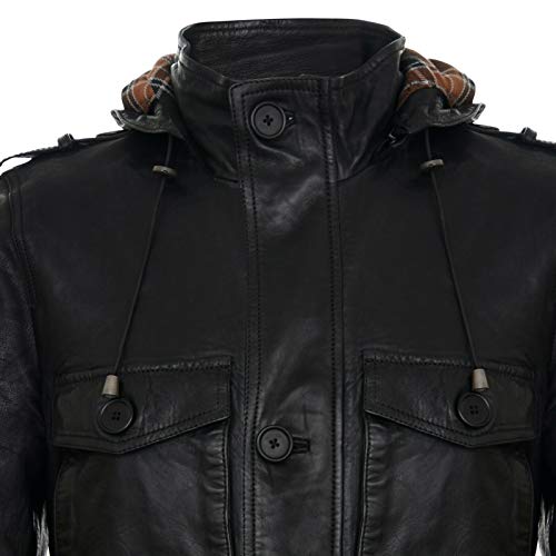 Men's Hooded Leather Multi-Pocket Duffle Trench Coat with Drawstring4