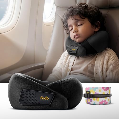 Image of Frido Kids Memory Foam Travel Neck Pillow with Travel Pouch | 360 Chin & Neck Support for Comfortable Sleep | Adjustable Velcro Straps | Ideal for Car, Flight & Road Trips | Core Black