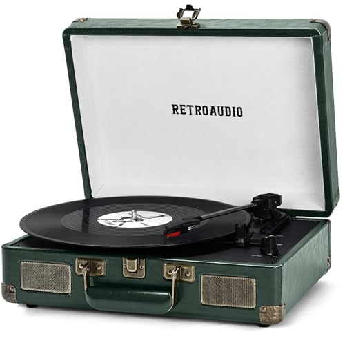 Vinyl Record Player 3 Speed Bluetooth Portable Suitcase Belt-Driven Record Player with 2 Built-in Stereo Speakers Vinyl Vintage Turntable Records Player with RCA Line Out AUX Out (Dark Green)