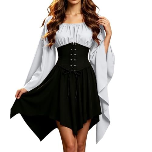 White Pirate Dress,Pirate Costume Women Shoulder Ruffle Romper Dress Puff Sleeve Smocked Overall Elastic Waist A-Line Victorian Medieval Mini Dresses For Halloween Party Cosplay