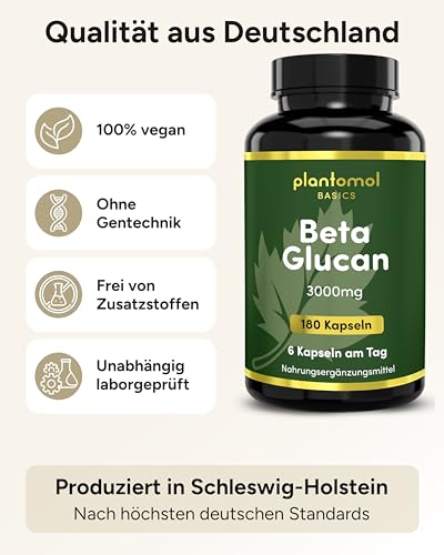 Beta Glucan Kapseln hochdosiert - 3000mg pro Tag - aus Hafer - pflanzliche Ballaststoffe Tabletten vegan - Cholesterin senken Kapseln ¹- plantomol® Essentials