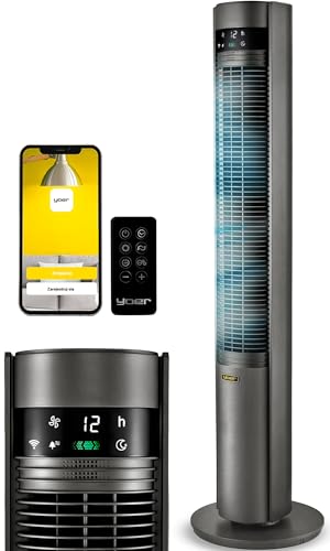 YOER 19dB Leiser Turmventilator, 12 m Wurfweite, WLAN & App-Steuerung, 12 Geschwindigstufen 3 Modi 12h Timer 80° Oszillation, Ventilator mit Plasma-Ionisator für Schlafzimmer, CoolWhisper TF07G, grau 1