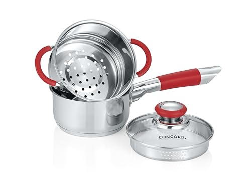 Concord Stainless Steel SIMPLE POUR Saucepan with Steamer Tier. Vented Glass Lid. Features Dual Pouring Spouts and Volume Marking on pot. Perfect for making Sauces, Jam, Ramen, and more (1 Quart)