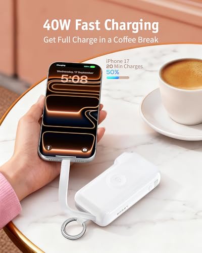Image of RORRY Flow Portable Charger 10000mAh 40W Wall Plug Power Bank Battery Pack | Built-in USB-C Cable, Keychain Design, Fast Charging, for iPhone 17 /16 /15, Apple Watch, iPad, 3-in-1, Travel Essential