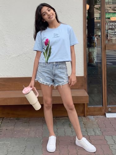 Image of Li'l Tomatoes Girls 100% Cotton Printed Top | Half Sleeve Casual Summer Top for Girls | Soft & Breathable Everyday Wear | Floral Sunflower Print | 9-16 Years