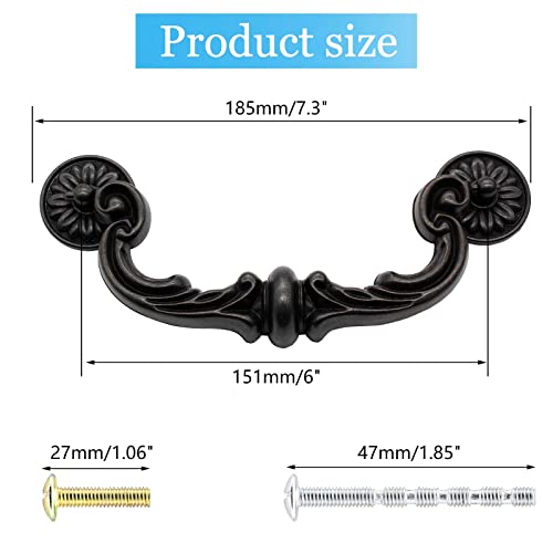 Biaungdo 4 Pcs 151mm/6 Inch Hole Center Pull Handles, Zinc Alloy Rustic Vintage Style Drop-Down Bail Swing Dresser Pull Handle Antique Drawer Handles for Kitchen, Cabinet (185mm/7.3" Total Length) - Image 2