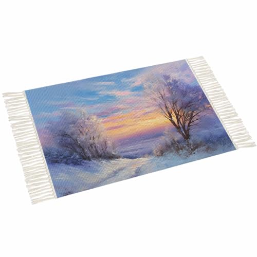 Winter Landscapes Bedroom Rug 4'x6', Washable Woven Cotton Area Rug
