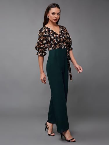 Image of Miss Chase Women's V-Neck Half Sleeve Tropical Wrap-Styled Jumpsuit