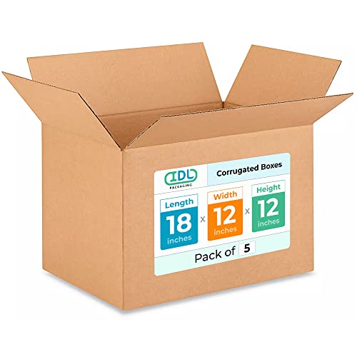 Medium Shipping &amp; Moving Boxes 18 x 12 x 12 inches (5-Pack) - Extra Strength 200 lb vs Regular - Corrugated Moving Boxes for USPS/FEDEX - Medium Size Moving Box - Corrugated Box by IDL Packaging
