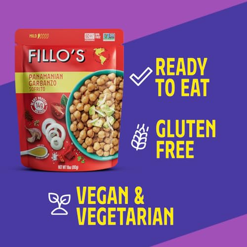 Fillo's Panamanian Garbanzo Beans, Ready to Eat Beans, 10 oz Pk of 6, Gluten-Free, Preservative-Free, Microwavable Meals, Non-GMO, Vegan, Plant Protein