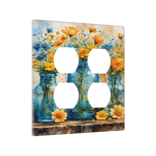 Decorative Outlet Covers Rustic Yellow Flowers Floral Blue Bottles 2 Gang Wall Plate Cover Double Duplex Receptacle Two Switch Light Switch Cover Plate Jumbo Dual Faceplate