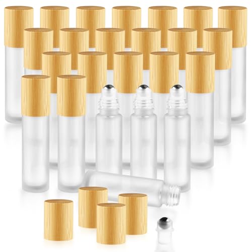 Cositina 24 Pcs 10ml/0.34oz Glass Roller Bottles Refillable Perfume Bottles with Roller Balls & Bamboo Lids for Travel Essential Oils - White Frosted