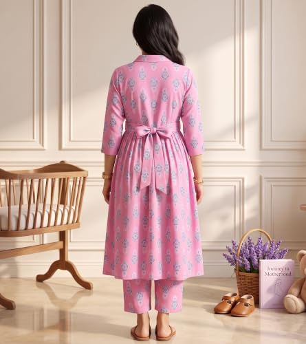 Image of DUMMY SHAPE Maternity Dresses for Women Cotton | Floral Kurta Pant Dupatta Set with Nursing Zippers, Side Pocket | Pre & Post Pregnancy | Feeding Kurti Suit | Baby Shower | Gifts for Pregnant Woman