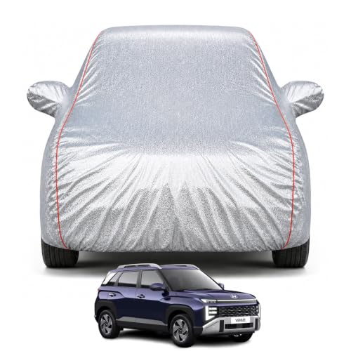 Image of Hyundai Venue (2nd gen) Models 100% Waterproof Car Cover for All Weather Protection Mirror & Inner Cotton Triple Stitched Cover, Adjustable Belt Bottom Elastic to Secure Fit (Metalic Silver)