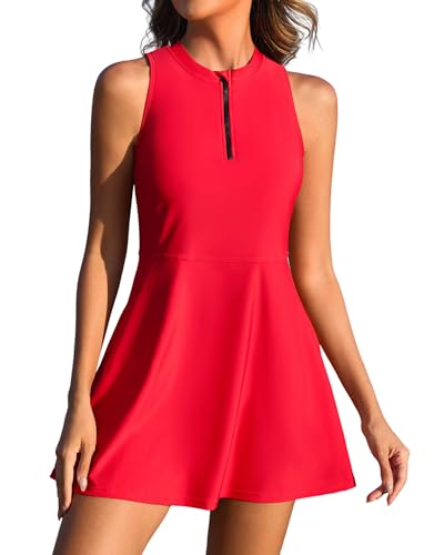 Charmo High Neck Swim Dress Women Two Piece Full Coverage Swimsuit Rashguard Bathing Suit Zip Front Swimwear