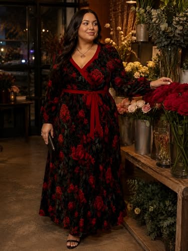Image of PinkPatty Women's Long Sleeve Maxi Dress Plus Size Trendy Wedding Guest Dress with Pockets&Belt