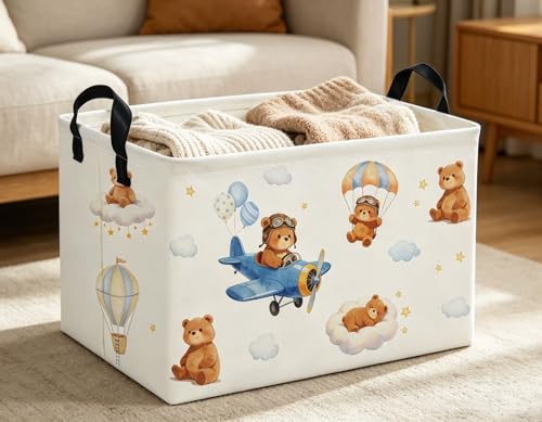 Image of Rectangle Kids Baskets Bear Basket Cute Storage Bin Organizer Boys Box for Room Decor Gift Basket(Bear)