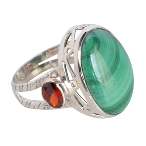 Bague malachite et grenat en argent 925, cabochon marquise d'exception
