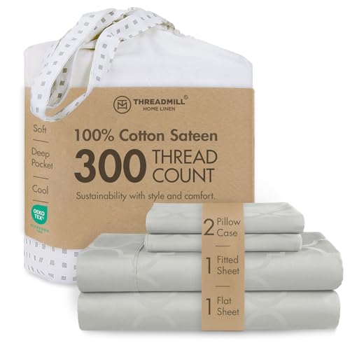Image of Threadmill 300TC Cotton Queen Sheet Set, Sateen, Jacquard, Light Grey | 100% Cotton, Sateen Weave, Jacquard Pattern, 4-Piece Set, 16 inch Deep Pocket, Cooling, OEKO-TEX Certified, Machine Washable