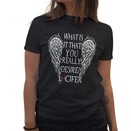 Lucifer Morningstar What Is It That You Really Desire Camiseta de Mujer Negra Size M