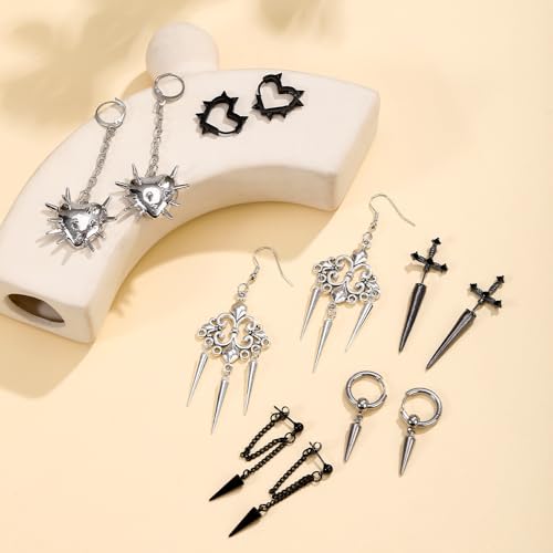 Goth Earrings Set Y2K Heart Spike Black Gothic Emo Sword Rock Punk Chain Dangle Halloween Earrings for Women Men 6 Pairs3