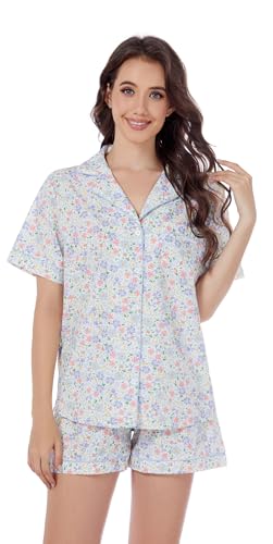 Image of LUBOT 100% Cotton Pajamas for Women 2 Piece PJ Set Poplin Woven Lightweight Ladies Button Short Sleeve Sleepwear S-XXL